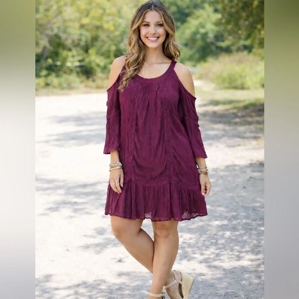 Terra & Sky|Boho Cold Shoulder Tiered Crochet 3/4 Sleeve Dress|1X|EUC - Picture 1 of 11